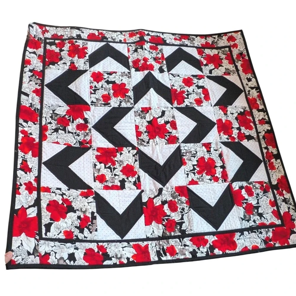 Handmade Baby Quilt Red Black White Floral Geometric Star Patchwork 40x40 Square